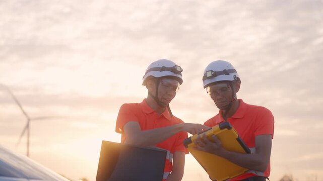 Asian engineers using a laptop to inspect wind turbines at sunset in a renewable energy site, representing clean energy operations and technical teamwork in sustainable engineering.
