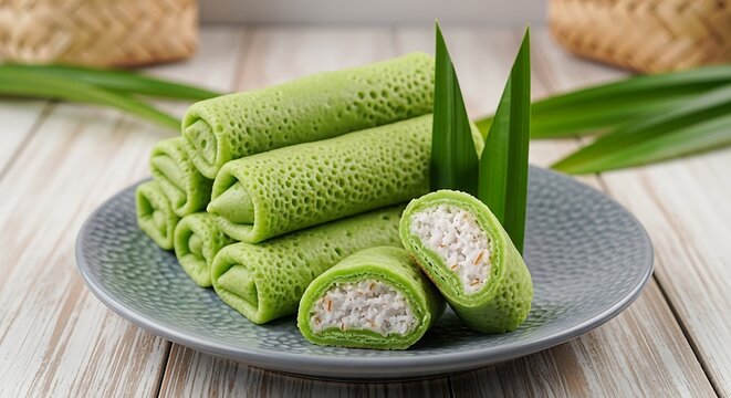 Kue lumpur melayang isi kelapa muda segar siap santap di piring indah