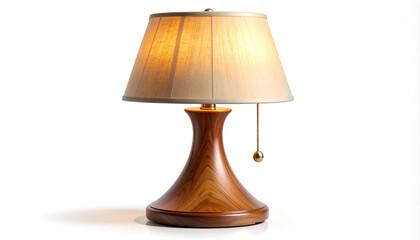 Obraz premium A beautifully crafted wooden table lamp with a pleated lampshade stands prominently against a clean white background.