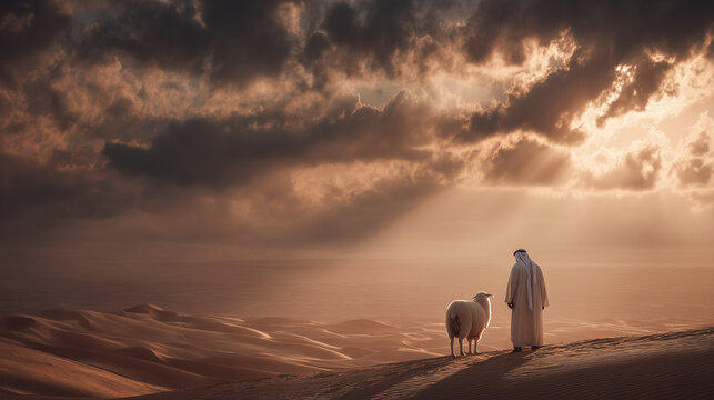 a man with his sheep, on desert dunes, light rays above them coming from the sky, eid ul adha concept