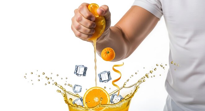 Minuman jus jeruk segar sedang di perah dengan irisan jeruk dan es batu untuk promosi minuman sehat