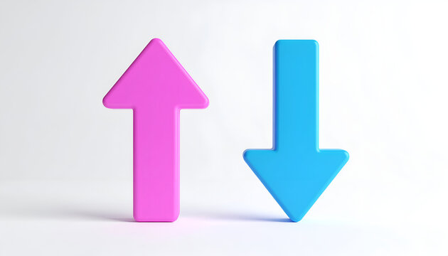 A pink up arrow and a blue down arrow stand side-by-side on a white surface.