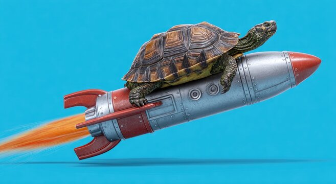 A Tortoise Riding a Rocket Ship Through the Sky.