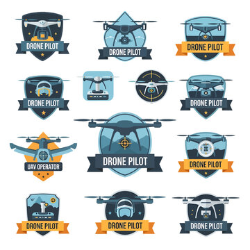 Collection of various drone pilot badges and emblems on a white background design