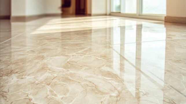 Elegant polished marble floor with warm sunlight casting shadows and reflections in a luxurious interior space