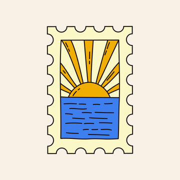 70s groovy sunrise illustration on postage stamp. Retro postcard sticker with sun and sea. Vintage letter postmark vector graphic