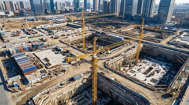Yellow construction cranes operating at a large scale urban development site with heavy equipment and a city skyline background in the UAE