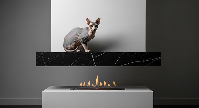 Sphynx cat sitting on a black marble fireplace mantel in a minimalist luxury home with warm ethanol flames and high resolution studio lighting scene