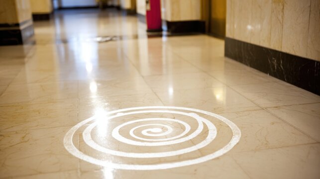 A White Spiral Floor Sticker Design Enhances a Polished Interior Space