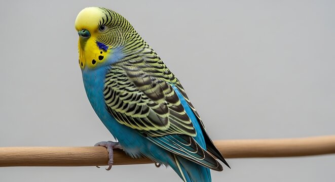 A beautiful blue and yellow budgerigar parakeet perches gracefully on a smooth wooden perch against a soft neutral background in a clear studio portrait