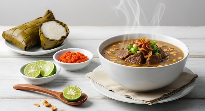 Coto Makassar Terbuat dari Daging Sapi dengan Ketupat dan sambal segar beserta irisan jeruk Nipis