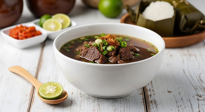 Sup daging sapi khas Indonesia disajikan dengan sambal dan bahan pelengkap alami