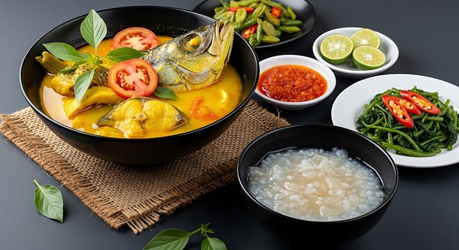 Sup ikan kuning dan sayuran tradisional Indonesia dengan sambal dan jeruk nipis segar