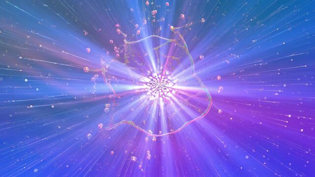 Abstract geometric crystal structure morphing into organic fluid patterns with radial light rays on a colorful gradient background.