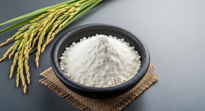Tepung terigu di mangkuk kecil dengan daun padi dan kain tradisional sebagai latar dapur