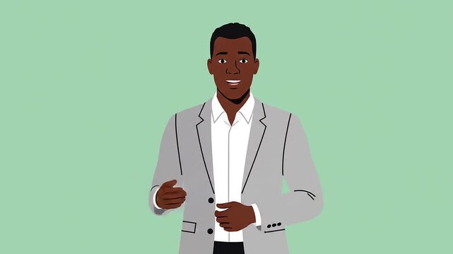 Smiling business presenter standing confidently in front of a green background