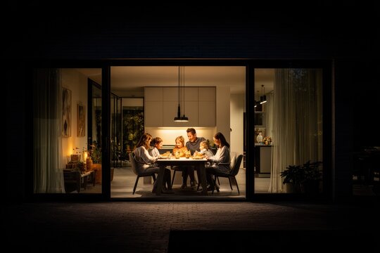 A warm and inviting scene depicts a family gathered around a dining table inside a modern home, illuminated by soft lighting against a dark night backdrop.