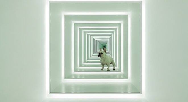White french bulldog standing in an infinite square mirror tunnel with bright neon led lights in a futuristic minimalist architectural space