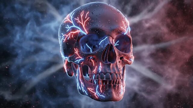 Futuristic Visualization of a Neural Network Skull Surrounded by Cosmic Dust and Nebulae