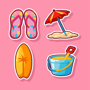 Set of Summer Beach Activities Stickers with Surfboard Flip Flops and Sand Bucket