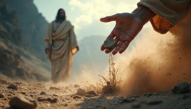 Jesus walks in desert near man sowing seeds on barren ground. Divine hand drops small stone onto dry earth. Parable of sower represents faith and hope. Religious scene with spiritual message.