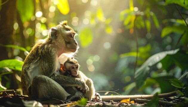 Macaque Monkey Mother And Baby Cinematic Wildlife Photo Golden Brown Fur Sitting And Hugging In Lush Tropical Jungle Forest