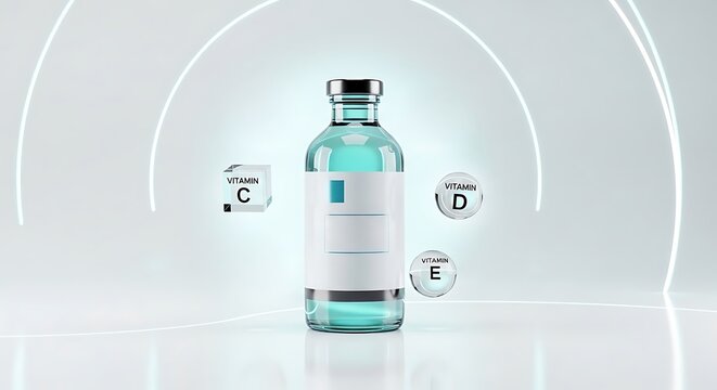 Medical serum vial bottle with vitamin icons c d e stands on a white surface in a futuristic laboratory with neon lights and sharp focus depth