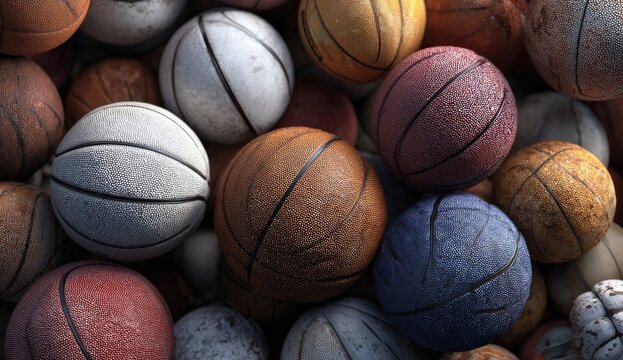 A close-up shot showcases a multitude of well-worn basketballs in various shades, creating a textured and dynamic composition.