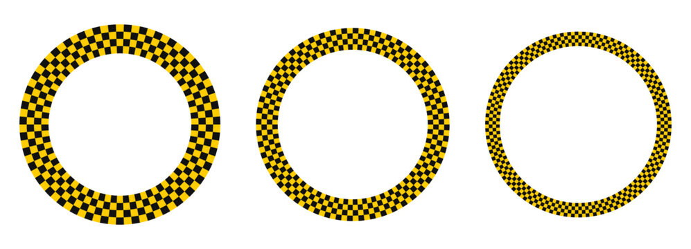 Yellow black checkerboard circle frames set. Round border with racing flag pattern, geometric grid, square tile texture. Vintage taxi emblem for urban transport, retro speed design. Vector.