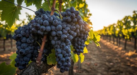 Naklejka premium Ripe Purple Grapes Hanging on a Vineyard Vine