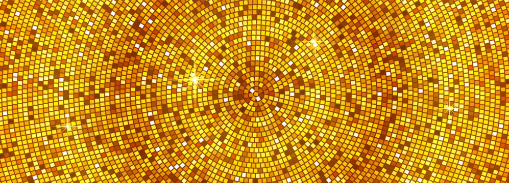 Gold disco ball mosaic vector background. Radial circular pattern of golden yellow square tiles with sparkle flares, symbolizing party, dance, glitter, luxury, and festive club event.