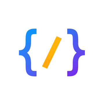 A colorful graphic design element with brackets and a slash symbol on a white background
