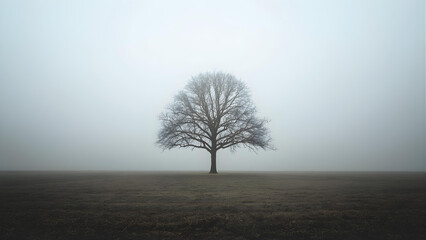 Obraz premium A lone tree stands in a foggy field landscape