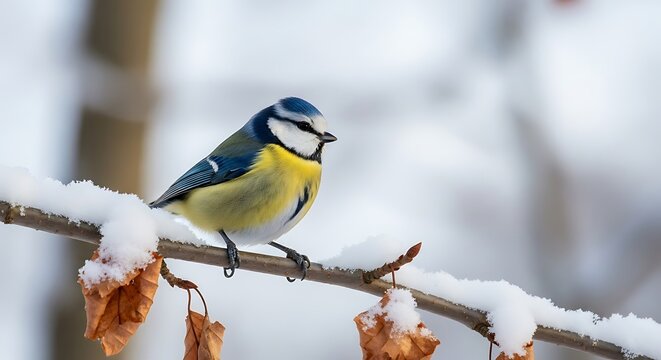 Blue tit bird perched on snow covered branch winter scene wildlife nature