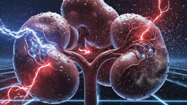 Futuristic Artistic Digital Visualization of Human Kidneys with Lightning Effects showing Biological Energy Flow
