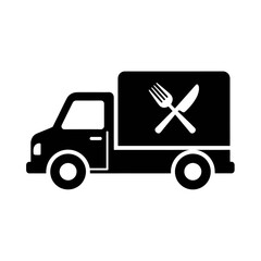 Fototapeta premium A black and white illustration of a delivery truck with a fork and knife symbol on the side