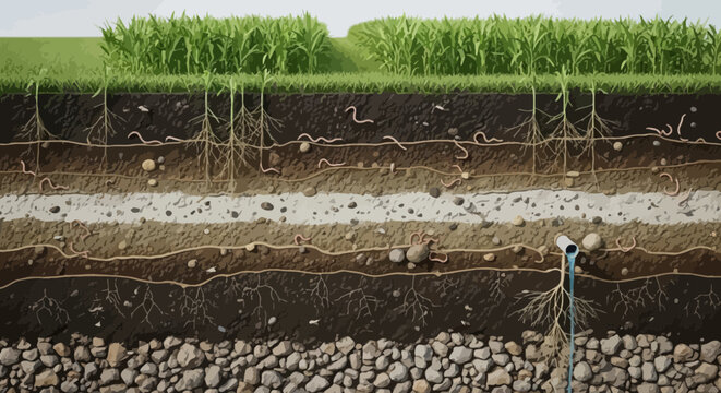 Cross-section illustration of layered soil profile with plant roots earthworms pipe drainage and rock formations in a cartoon style