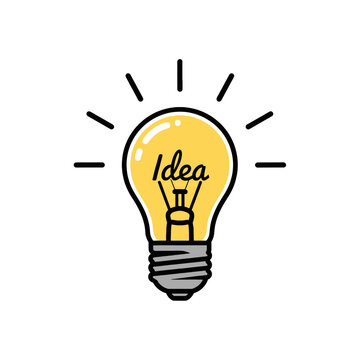 A bright yellow light bulb with the word idea written inside, representing a new concept