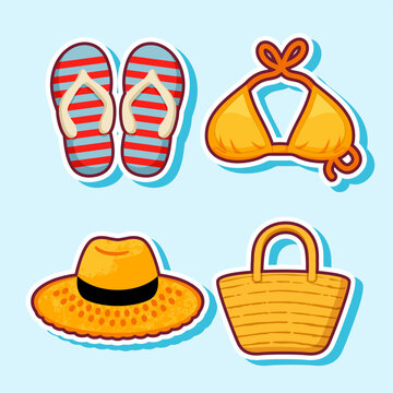 Set of Summer Beach Accessories Stickers with Flip Flops Bikini and Straw Hat