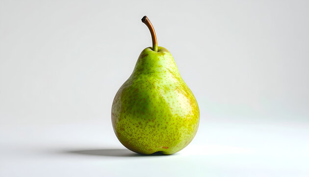 A single, ripe green pear is showcased against a clean, white background.