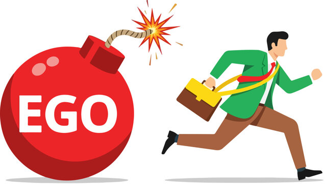Ego bomb explosion concept vector, businessman running away from red ego time bomb, toxic personality and corporate pride metaphor illustration