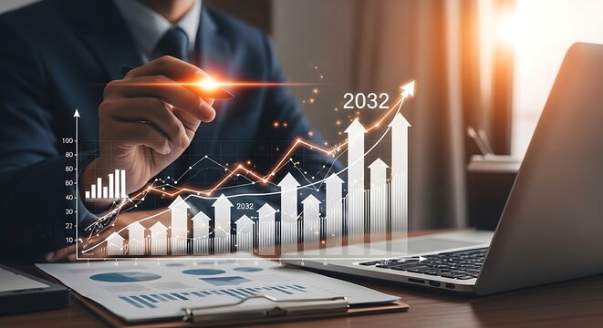 Businessman analyzing financial growth chart projection for year 2032 on a digital interface