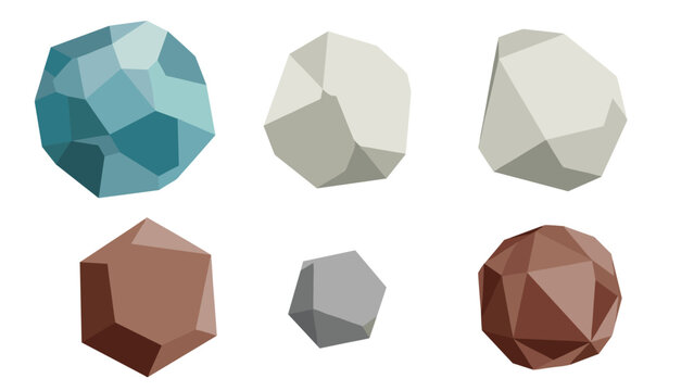 Set of six low poly 3D geometric stones in various colors like blue, white, and brown are displayed in a clean grid arrangement on a white background.