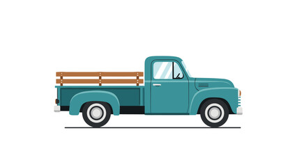 Fototapeta premium Classic vintage pickup truck in a teal blue color with a wooden rail bed is shown from a side profile view against a white background.