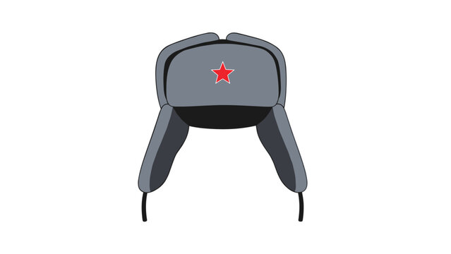 Illustration of a grey ushanka or Russian fur hat with a red star symbol on the front, typically worn during cold winter weather conditions.