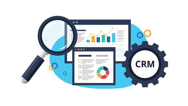Customer relationship management software concept with analytics charts, magnifying glass, and a large CRM gear.