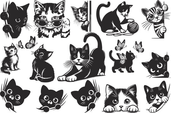 Cute Cat Silhouettes Peeking &ndash; Adorable Kitten Vector Illustration