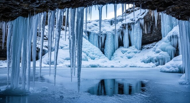 Jagged icicles hang over frozen water and ice formations