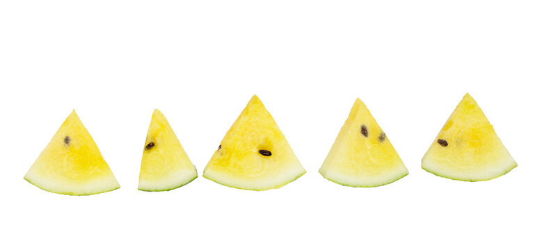 Yellow watermelon slices on white background.