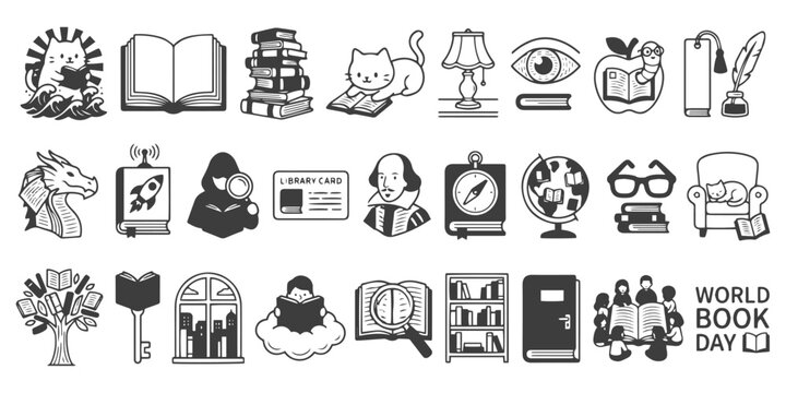 Literacy and Reading Vector Icon Set - World Book Day Hand-Drawn Illustrations
